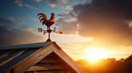 Weather vane on rustic barn roof under dramatic sky, silhouette against sunset, craftsmanship and simplicity, farm nostalgia, rural charm, functional art, symbol of time and direct