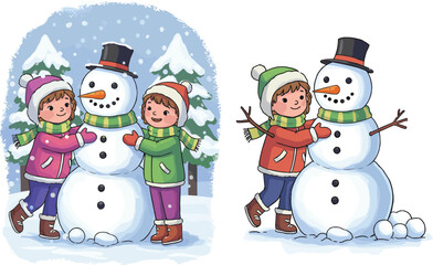 Cartoon children with snowman, winter outdoor activity, snowy scene, seasonal fun, holiday illustration, playful kids, cold weather, preschool vector, snow play
