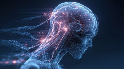 A futuristic representation of a human head with glowing neural connections, symbolizing advanced technology and artificial intelligence.