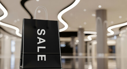 Black shopping bag with bold white SALE text stands prominently in a modern shopping mall, showcasing the excitement of Black Friday sale shopping and consumerism