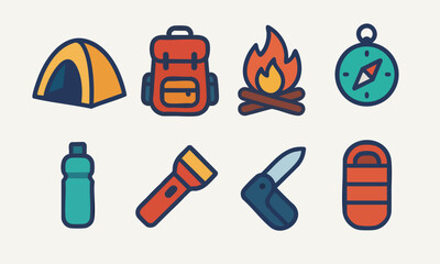 Camping equipment illustration featuring a tent, backpack, campfire, compass, water bottle, flashlight, knife, and sleeping bag.