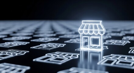 Franchise business concept. Storefront icons illustration. E-commerce, retail, marketing, online shop, distribution expansion design element. Dark background.