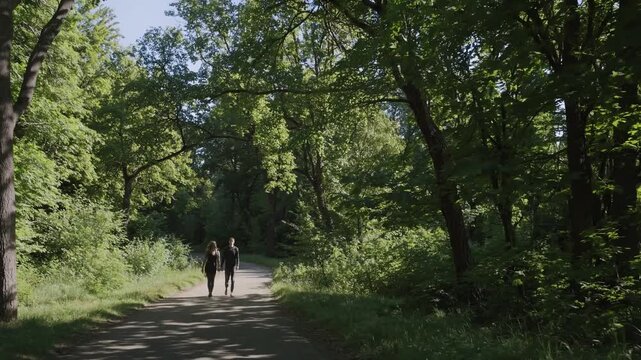 Young couple holding hands and walking away from the camera along a peaceful path in a lush green forest on a sunny summer day - Powered by Adobe