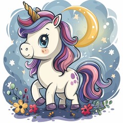 Naklejka premium Cute Cartoon Unicorn with Flowers Portrait Illustration