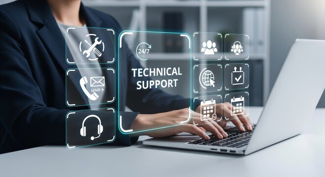 Technical Support Concept &mdash; Holographic Support Icons Over Laptop