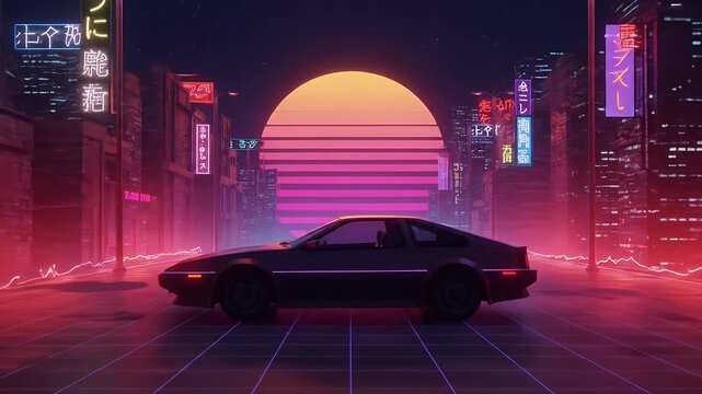 Retro Synthwave 80s Car Driving Through Neon City Background