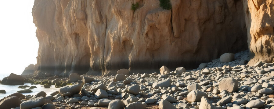 Scenic shoreline with unique rock formations and smooth pebbles at golden hour near a tranquil beach