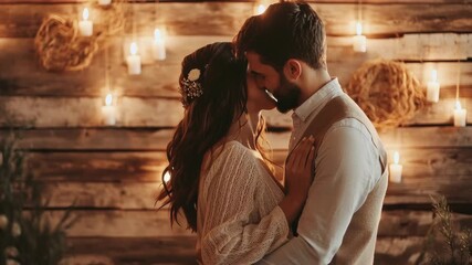 A romantic midnight kiss framed by natural elements and rustic wooden decor under soft candlelight. Midnight kiss, New Year's Eve - Powered by Adobe