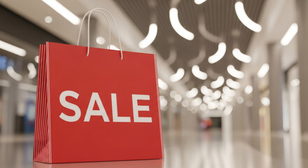 Black shopping bag with bold white SALE text stands prominently in a modern shopping mall, showcasing the excitement of Black Friday sale shopping and consumerism