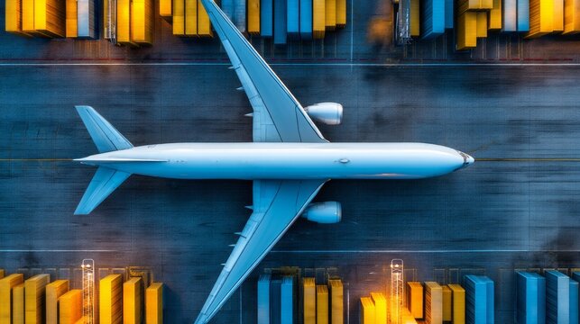 An aerial view reveals a large cargo plane parked strategically between vibrant shipping containers at a bustling airport. Ground crews move around, preparing for the next flight - Powered by Adobe