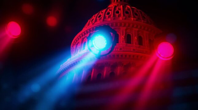 cinematic waving American flag backdrop, glossy studio lights, Capitol dome reflection, red and blue volumetric beams