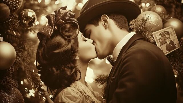 A nostalgic vintage-themed midnight kiss with a couple in retro attire amid antique holiday ornaments and Christmas postcards. Midnight kiss, New Year's Eve
