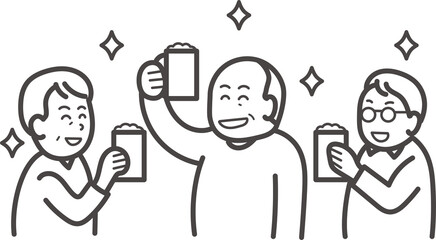 おじさん3人の飲み会のイラスト　ゆるいイラスト　線画のみ