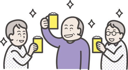 おじさん3人の飲み会のイラスト　ゆるいイラスト