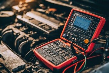 Automotive diagnostics tool in use on car engine