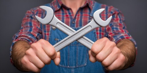 Fototapeta premium Mechanic holding two crossed wrenches, a symbol of repair and maintenance