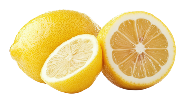 Whole and Halved Yellow Lemons isolated on a transparent background