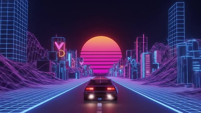 Retrowave City Drive 3D Abstract Background With Neon Car