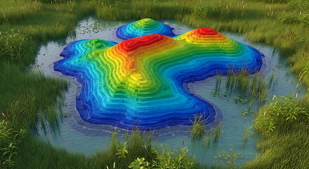 Aerial view of a futuristic archipelago with interconnected islands featuring colorful topographical landscapes and a network of bridges