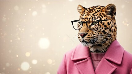 Leopard in pink coat looking directly at camera