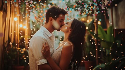 A couple shares an eco-friendly midnight kiss under recycled paper garlands with biodegradable confetti and bamboo decorations. Midnight kiss, New Year's Eve - Powered by Adobe