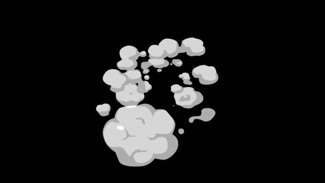 Cartoon smoke cloud effect animation on a black background adding dynamic energy to motion graphics and visual effects for creative projects