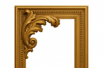 Ornate gold antique picture frame corner with baroque style scrollwork design, transparent background