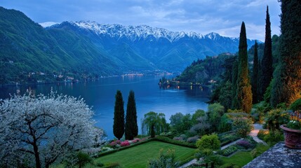 Scenic lake landscape with mountains trees and reflecting water at dusk
