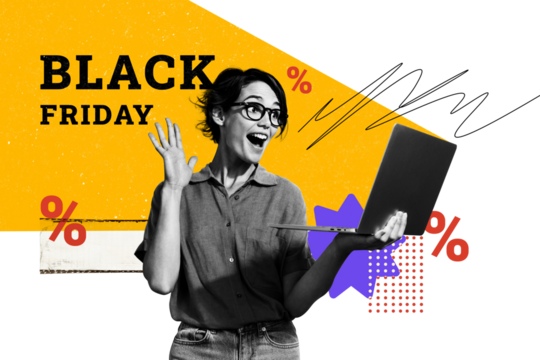 Trend artwork sketch image photo collage of sale discount offer low price black friday young lady gesture hi meeting laptop announce