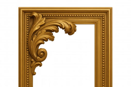 Ornate gold antique picture frame corner with baroque style scrollwork design, transparent background