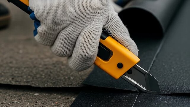 Roofer Cuts Waterproofing Membrane With Utility Knife Outdoors