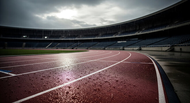A dramatic low-angle view of a wet red running track curving through an empty athletics stadium under an overcast sky, copy space