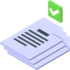 Isometric Illustration of Stacked Documents with a Green Checkmark Icon on a Transparent Background Representing Completion and Approval
