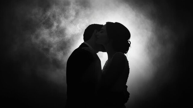 A classic black and white photograph capturing a midnight kiss with elegant lighting. Midnight kiss, New Year's Eve