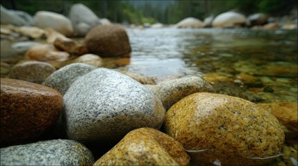Close up view of smooth river stones in calm water with reflections