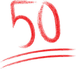 Handwritten red number fifty with underline on white background.
