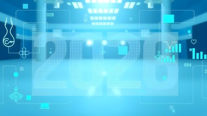 Transparent overlay of medical data and “2026” digits, soft blue background, futuristic healthcare theme.