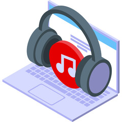 Isometric Illustration of Headphones with Music Note Symbol on Laptop Screen Showing Digital Audio Playback and Online Listening Experience