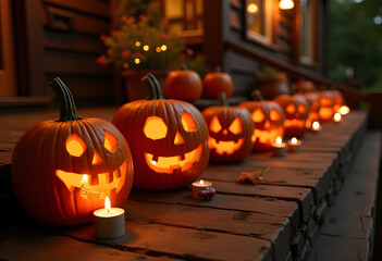 Row of Glowing Jack-o'-Lanterns and Candles on a Halloween Porch