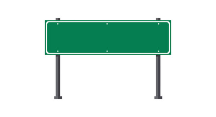 Obraz premium Blank green highway road sign with white border and metal posts in silhouette