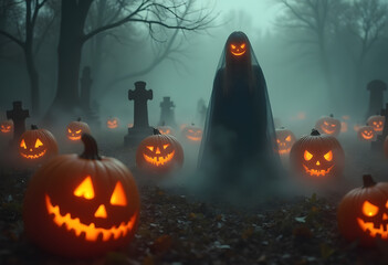 Eerie Ghost Figure in a Foggy Graveyard with Glowing Jack-o'-Lanterns