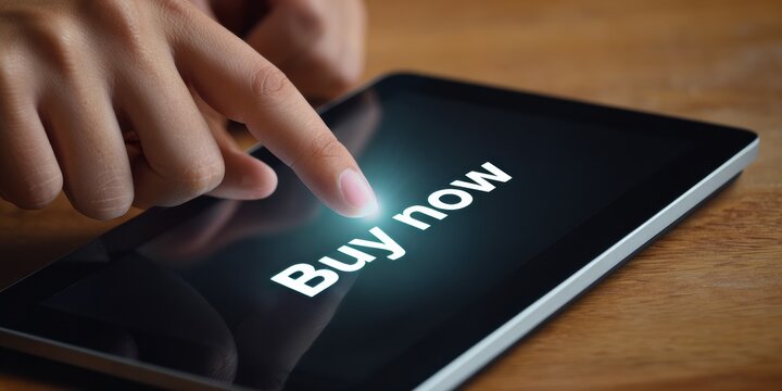 Close up of woman finger tapping on buy now button on tablet