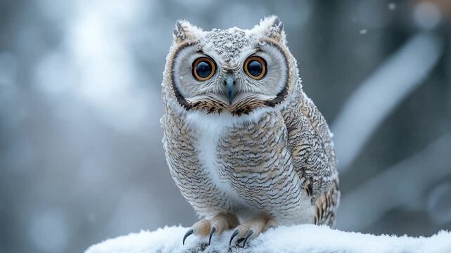A close-up view of an owl perched on a snow-covered branch