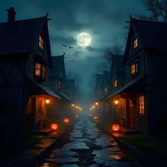 Foggy Dark Village Street on Halloween Night with Full Moon and Jack-o'-Lanterns
