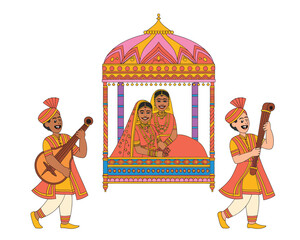 Indian wedding ceremony with musicians and bride and groom