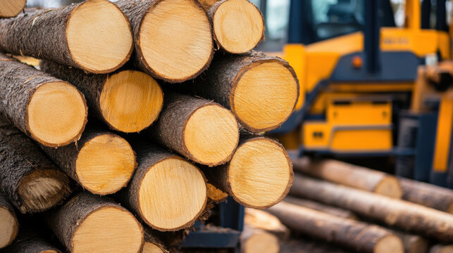 Freshly cut logs stacked neatly, showcasing their smooth, circular ends. heavy machinery loader is visible in background, emphasizing industrial setting of timber processing