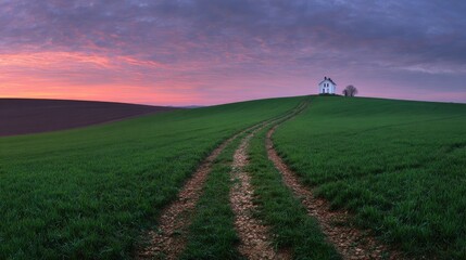 Scenic landscape of grassy hills with a house and colorful sky