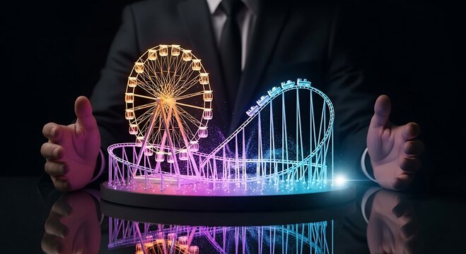 Businessman Presenting Illuminated Ferris Wheel and Roller Coaster Model - Entertainment, Amusement Park, Investment Concept. - Powered by Adobe