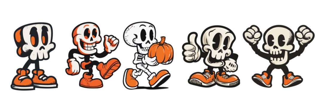 vintage retro style halloween skeleton cartoon mascot character with expressive faces and gestures