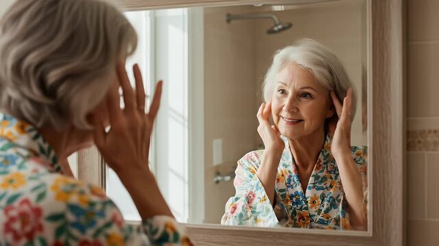 Senior Woman Morning Skincare Routine Bathroom Mirror Reflection Realistic Video
